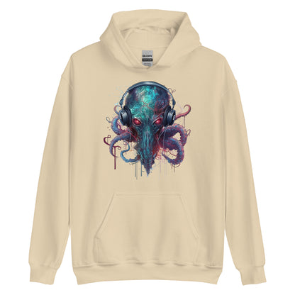 Fantasy portrait of octopus, Octopus in headphones, Red eyes, Cephalopods illustration, Fantastic sea animals - Unisex Hoodie