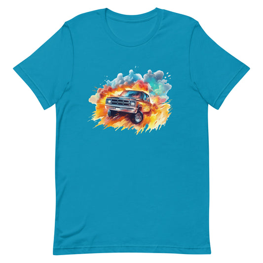 Cool truck in fire, Pop Art illustration, Explosive wildlife, Offroad madness and speed, Wheels in flames and mud - Unisex t-shirt