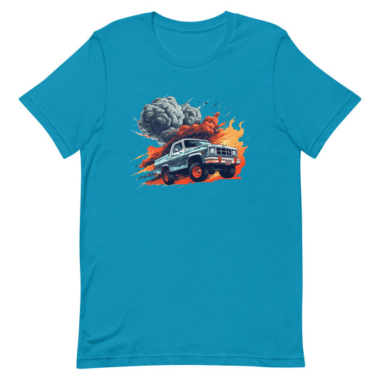 Offroad beast, Explosive wildlife, SUV vehicle in fire and mud, Pickup truck predator on fire, Pop Art illustration - Unisex t-shirt