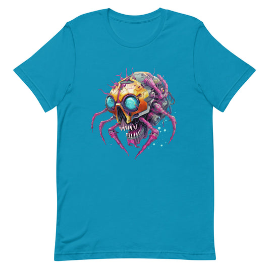 Crab cyber monster, Blue eyes, Detailed cyberpunk illustration, Neon electric colors, Electronic spider zombie - Unisex t-shirt