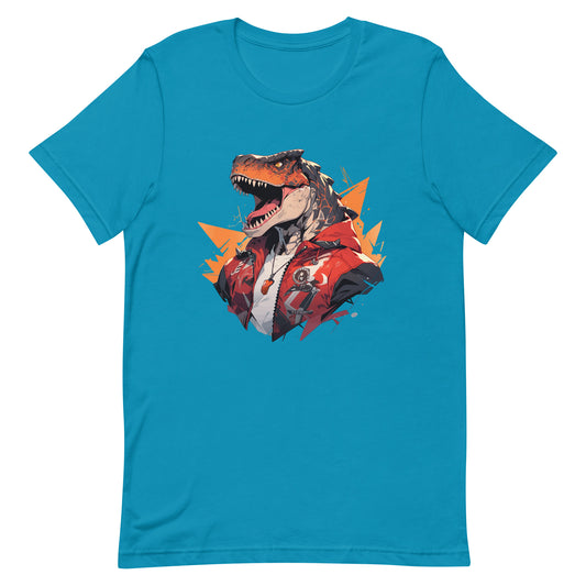 Confident grip and strong jaw, Dinosaur sports trainer in red jacket, Most stylish reptile in the urban jungle, Dino roar - Unisex t-shirt