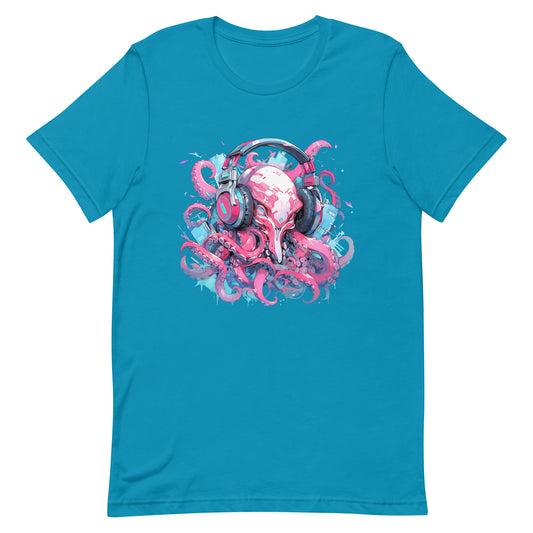 Cyber octopus in headphones, Cyberpunk manga illustration, Animals fantastic and music, Fantasy cyber mutant - Unisex t-shirt