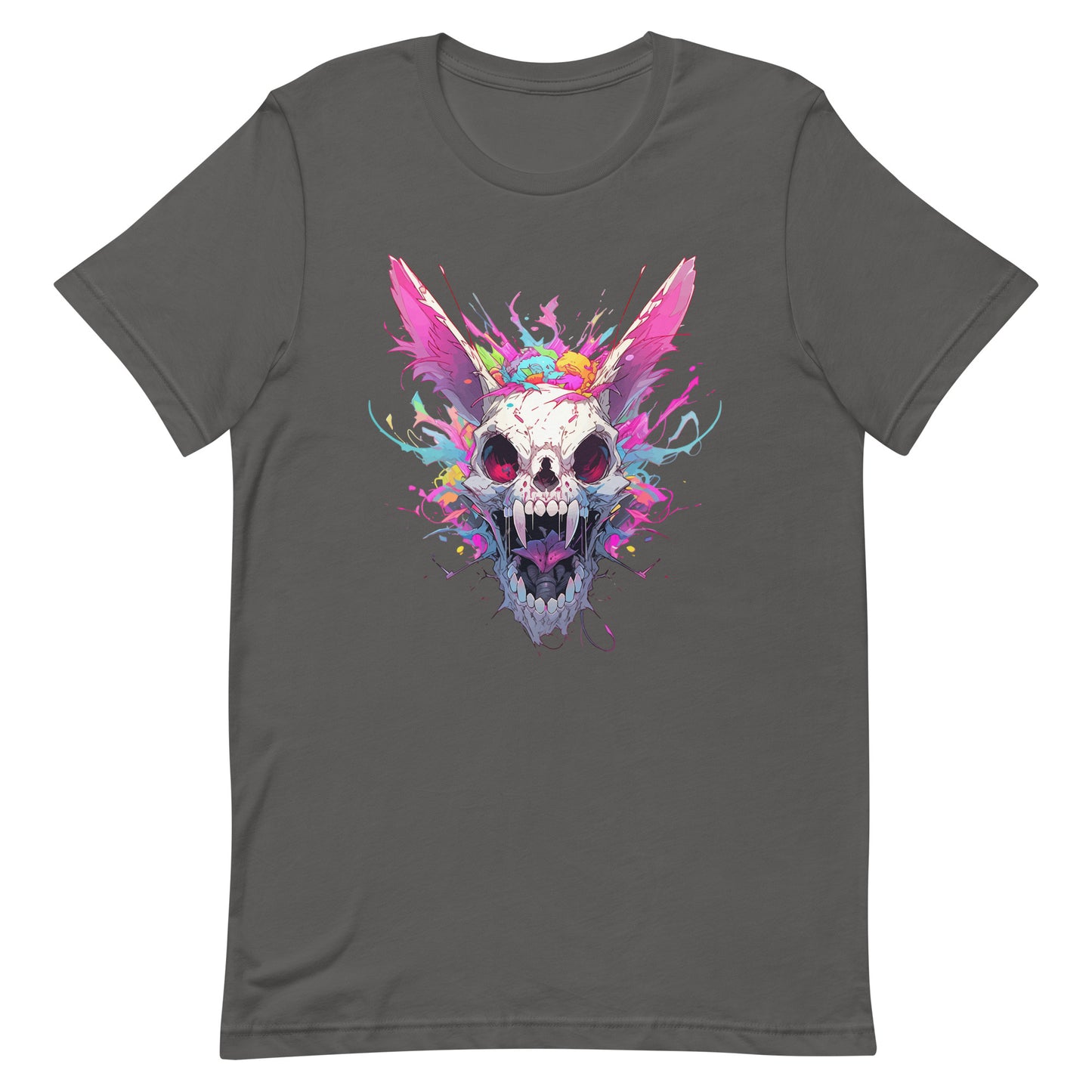Apocalypse hare, Hellish toothy skull, Bright splashes of paint, Rabbit zombie, Red evil bunny ears, Crazy Pop Art illustration - Unisex t-shirt