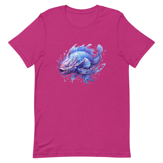 Blue fantastic fish in watercolor, Fantasy river fishing, Light indigo and violet colors, Big fish illustration, Purple scales and fins - Unisex t-shirt