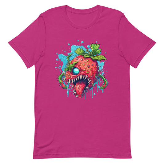 Fantastic predator in surrealism, Psychic strawberry monster, Apocalyptic Pop Art, Horror illustration, Zombie virus berry, Water drops - Unisex t-shirt