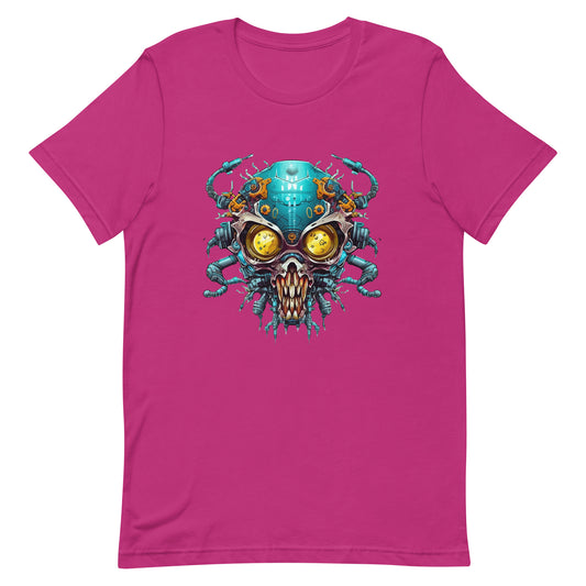 Cyber monster, Yellow eyes, Detailed cyberpunk illustration, Neon electric colors, Electronic mind zombie - Unisex t-shirt