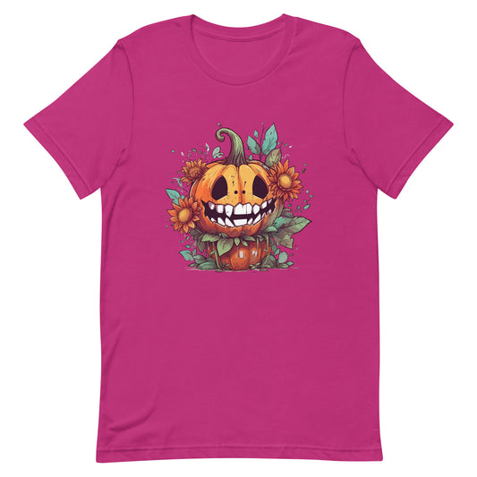 Cartoon smiling pumpkin, Halloween monster and flowers, Fantasy mystical holiday, Magic horror party - Unisex t-shirt