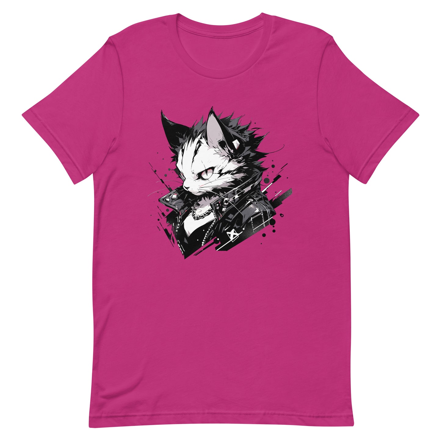 Angry punk kitten in black leather jacket, Cat rock and roll, Cat rocker fashion, Born to be wild - Unisex t-shirt