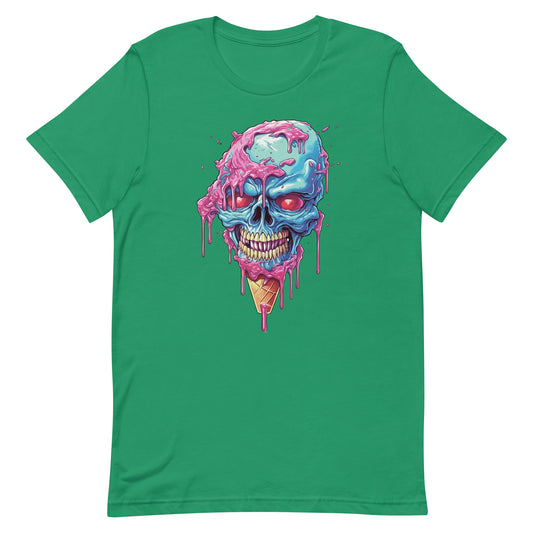 Head bones with purple and blue candies, Ice cream skull and red eyes, Pop Art style illustration, Cartoon skull zombie and crazy ice cream - Unisex t-shirt