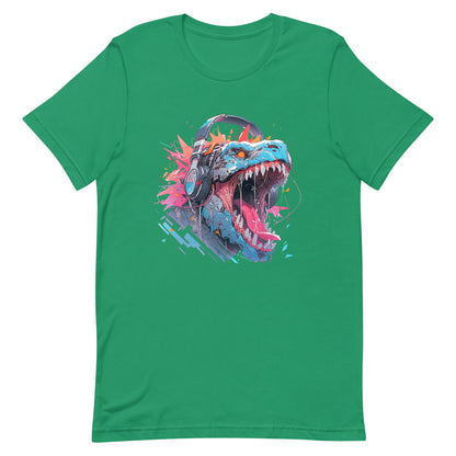 Dino DJ music, Jaws and toothy monster, Wild cyber predator in headphones, Roar fantastic animal - Unisex t-shirt