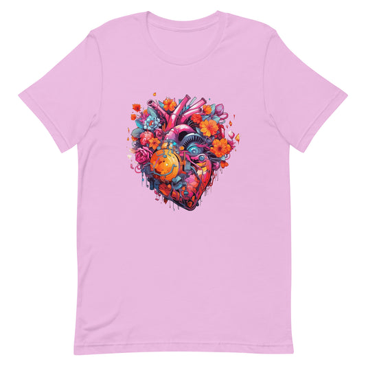 Colorful cyber heart with flowers, Realistic anatomy and science style, Anime influence, Cyberpunk and high tech, Love mechanics - Unisex t-shirt