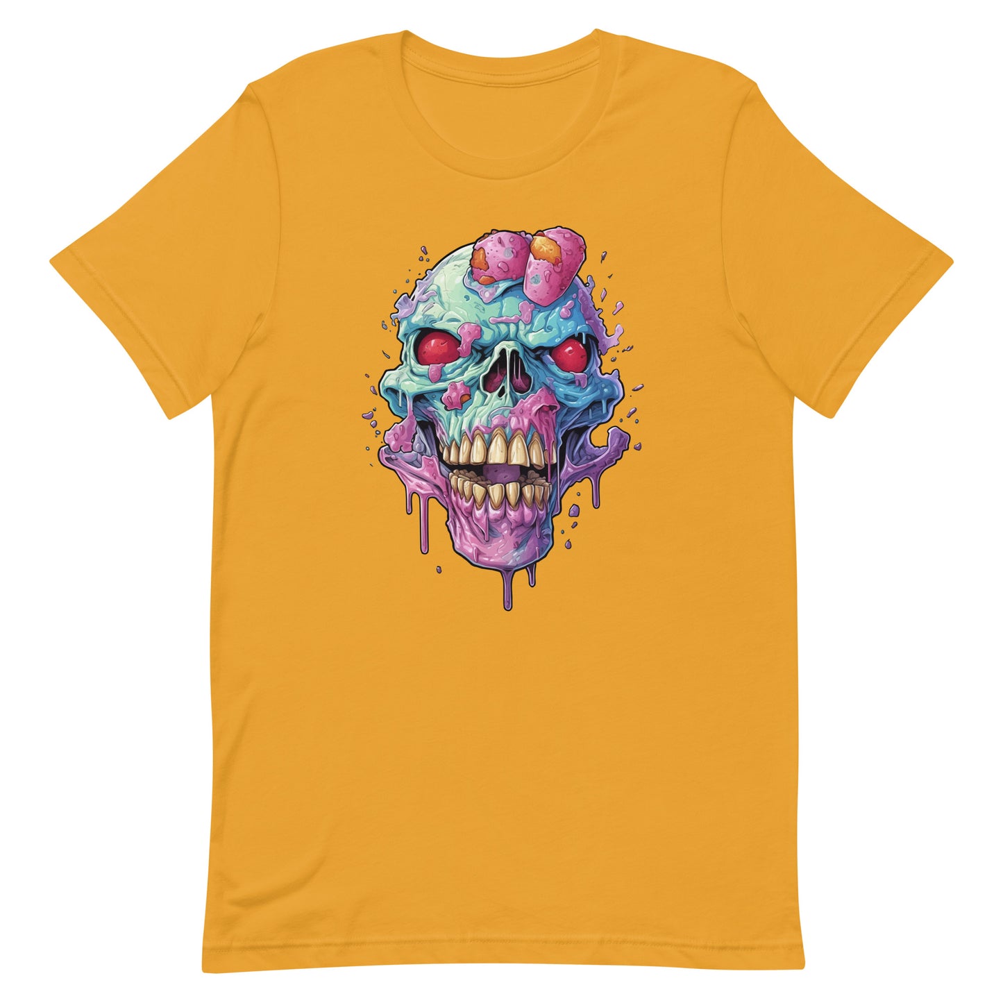 Ice cream skull, Head bones with pink candies and red eyes, Pop Art style illustration, Cartoon skull with crazy dripping ice cream - Unisex t-shirt