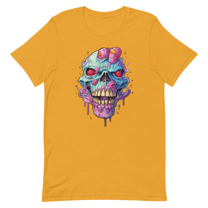 Ice cream skull, Head bones with pink candies and red eyes, Pop Art style illustration, Cartoon skull with crazy dripping ice cream - Unisex t-shirt