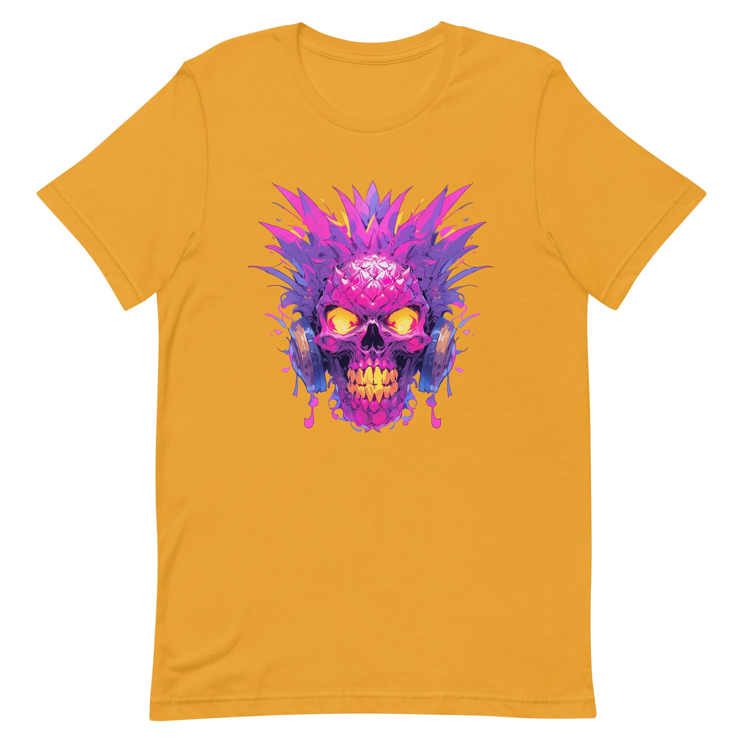 Fantastic mutant portrait, Yellow eyes and gold teeth, Fantasy fruit head, Pineapple skull in headphones, Pineapple monster Pop Art - Unisex t-shirt