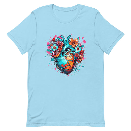 Colored heart with flowers and splatter paint, In the style of realistic anatomy and scientific, Anime influenced, Graphic arrangements, Cyan and amber - Unisex t-shirt