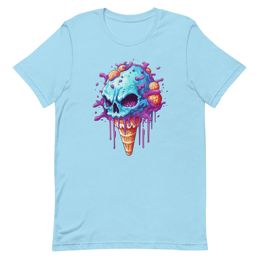 Skull head that has a purple and blue candy, Pop Art illustration, Ice cream skull and red eyes, Cartoon skull with crazy hair and dripping cola - Unisex t-shirt