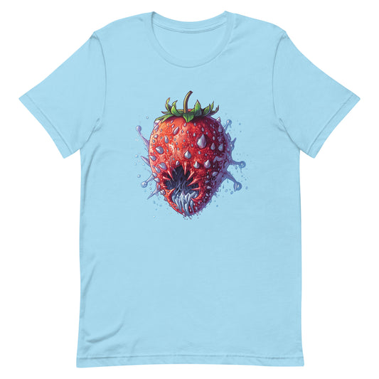 Fantastic predator in surrealism, Psychic strawberry, Zombie virus berry, Apocalyptic Pop Art, Horror illustration, Water drops - Unisex t-shirt