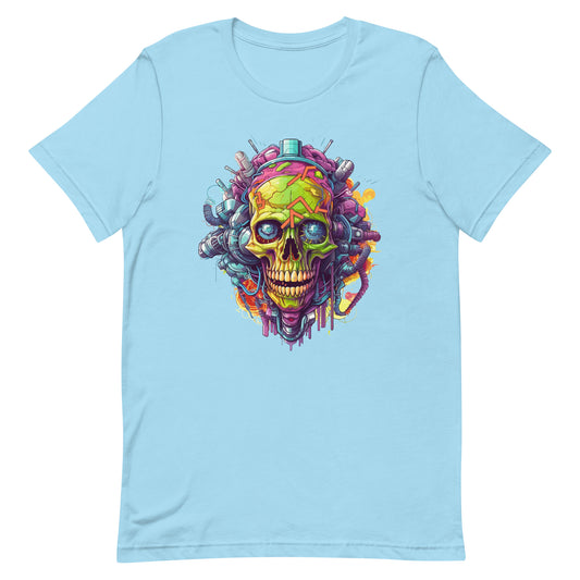 Electronic mind zombie, Graffiti style illustration, Hellish skull, Neon electric colors, Cyberpunk realism, Detailed Pop Art sci-fi illustrations - Unisex t-shirt