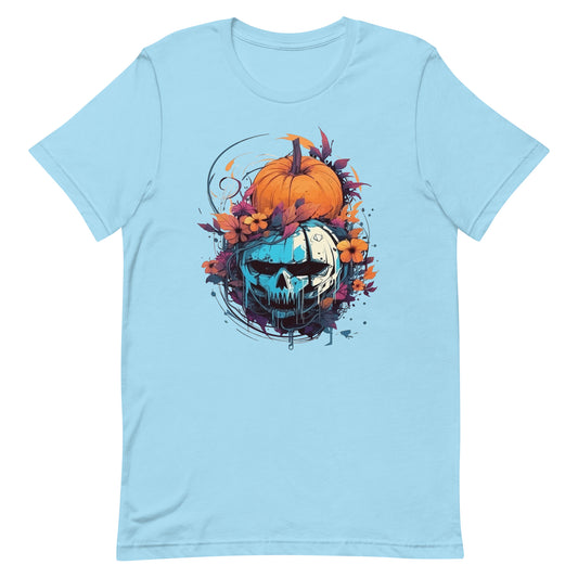 Blue skull horror, Halloween pumpkin and flowers, Fantasy mystical holiday, Magic wild party - Unisex t-shirt