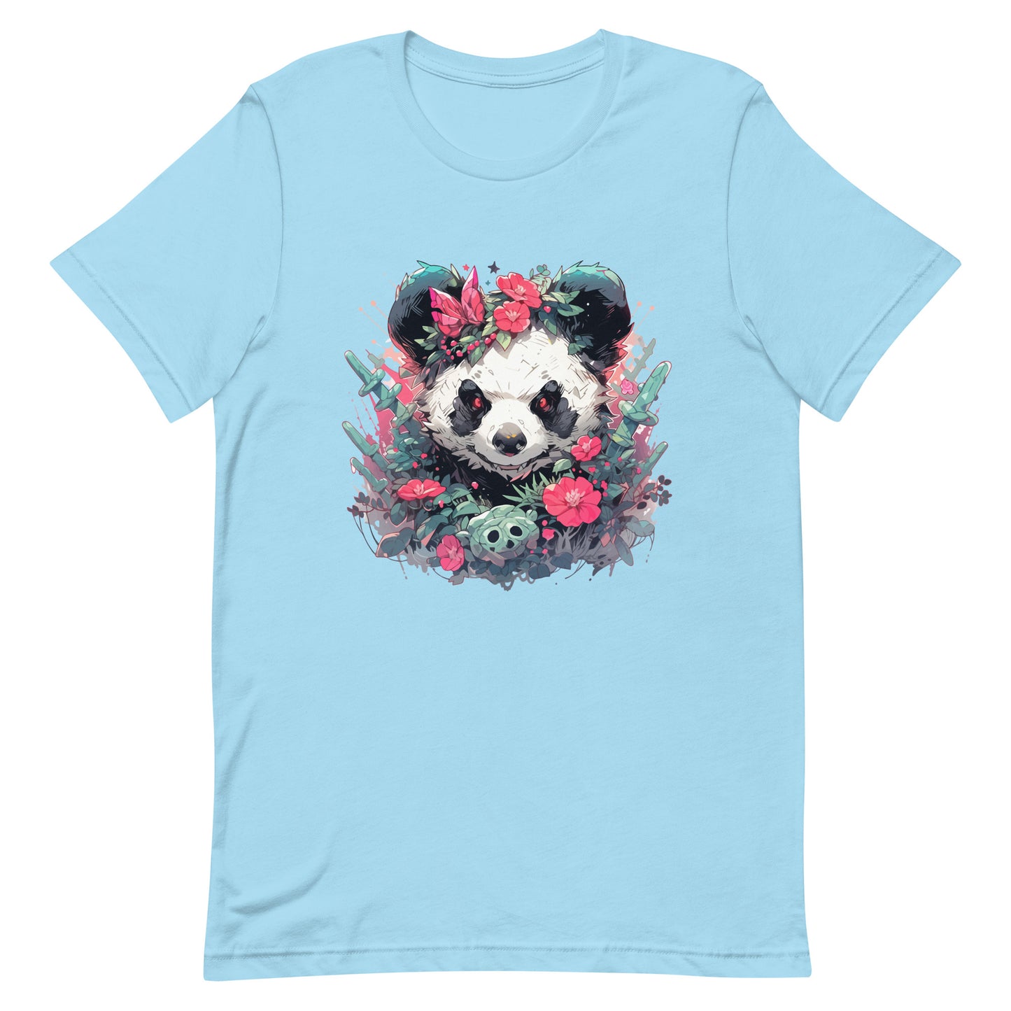 Angry panda in flowers, Bamboo bear and cactus, Black and white bear, Red eyes animal wild - Unisex t-shirt