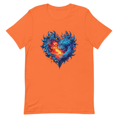 Azure and aquamarine monster heart with fire inside, Love flame in dragon heart, Hot and bright manga style - Unisex t-shirt