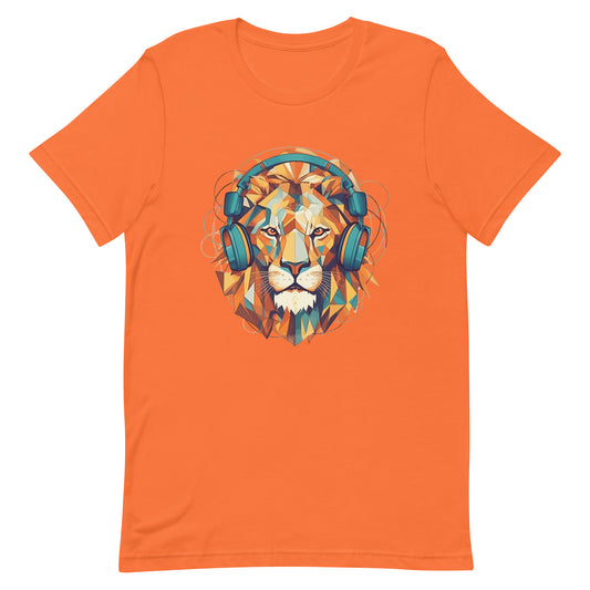 Fantastic portrait of lion, Lion colorful illustration in headphones, Cubism style, Music and animals - Unisex t-shirt