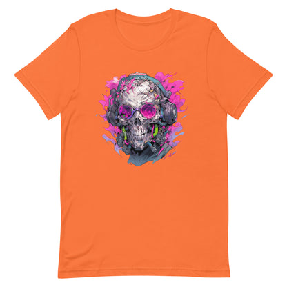 Cyber zombie in pink glasses, Crazy zombie illustration, Horror music fantasy, Cyberpunk skull in headphones, Fantastic head bones - Unisex t-shirt