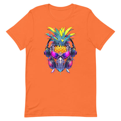 Cyber pineapple in headphones and pink glasses, Fantastic fruit cyborg head, Pop Art fantasy mutant - Unisex t-shirt
