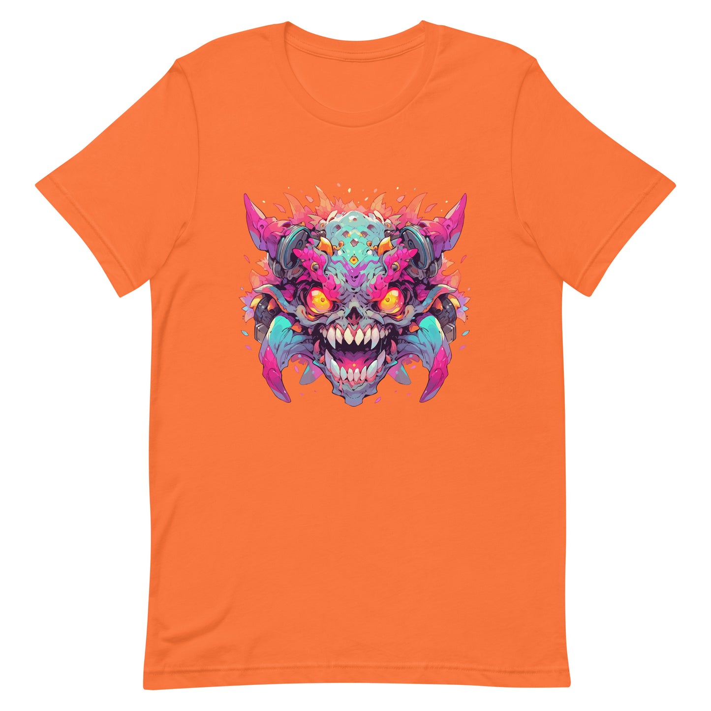 Horned and toothy monster, Crazy colorful illustration, Fantastic yellow evil eyes, Wild mutant - Unisex t-shirt