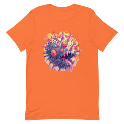 Orange evil eyes, Crazy illustration, Zombie virus with sharp horns and fangs - Unisex t-shirt