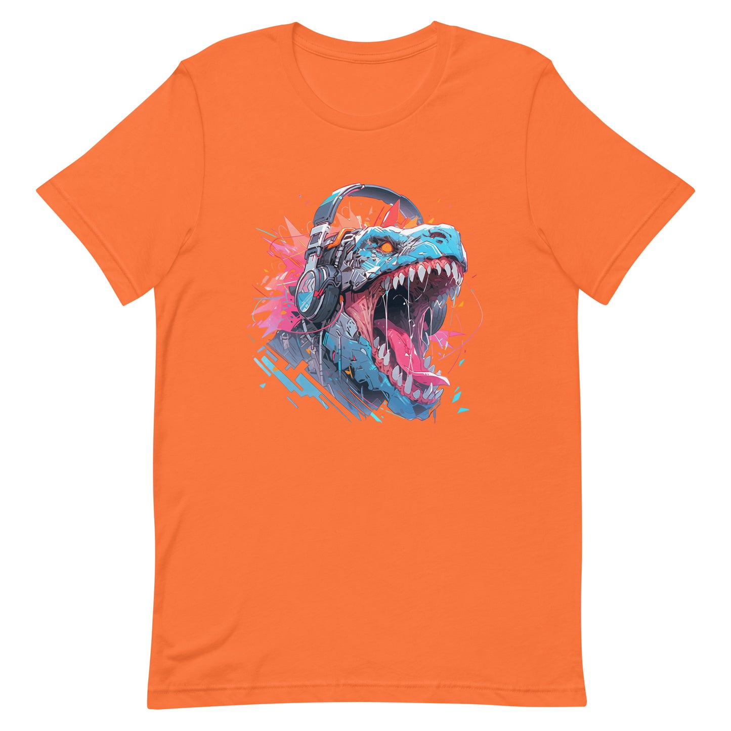 Dino DJ music, Jaws and toothy monster, Wild cyber predator in headphones, Roar fantastic animal - Unisex t-shirt