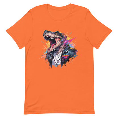 Dino and sharp teeth of hard rock, Dinosaur in leather jacket, Most music reptile in jungle, Dragon solo roar - Unisex t-shirt