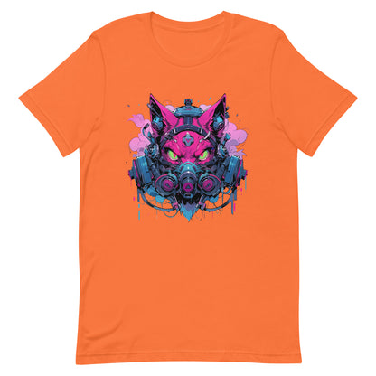Gas mask on pink angry cat, Fantastic toxic cyber kitty, Green eyes wild cat mutant - Unisex t-shirt