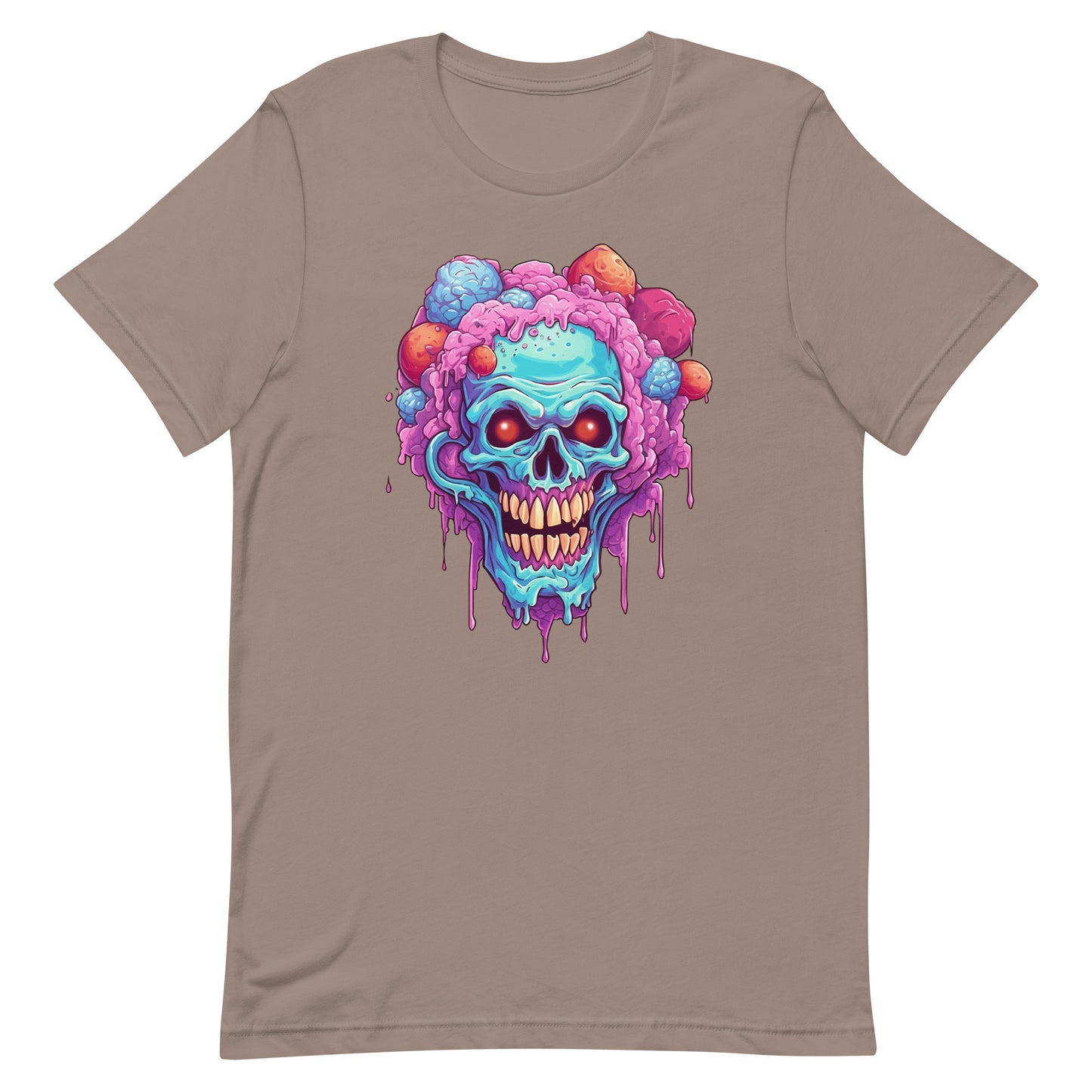 Skull head that has a purple and blue candy, Ice cream skull and red eyes, Creepy clown, Cartoon skull with crazy hair and dripping cola - Unisex t-shirt