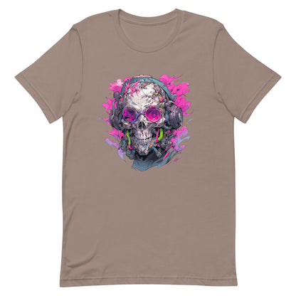 Cyber zombie in pink glasses, Crazy zombie illustration, Horror music fantasy, Cyberpunk skull in headphones, Fantastic head bones - Unisex t-shirt