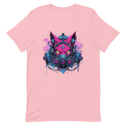 Gas mask on pink angry cat, Fantastic toxic cyber kitty, Green eyes wild cat mutant - Unisex t-shirt