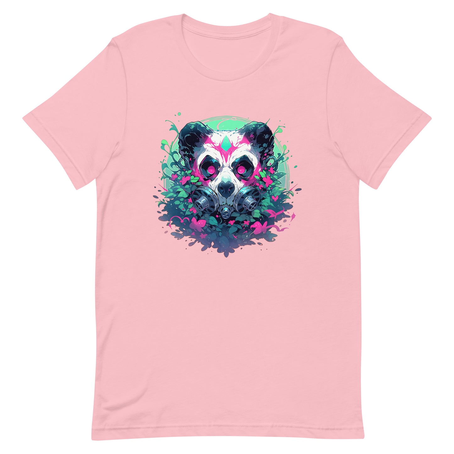 Cool toxic panda, Post-apocalyptic jungle, Wild animal with pink eyes, Bamboo bear in gas mask, Black and white bear - Unisex t-shirt