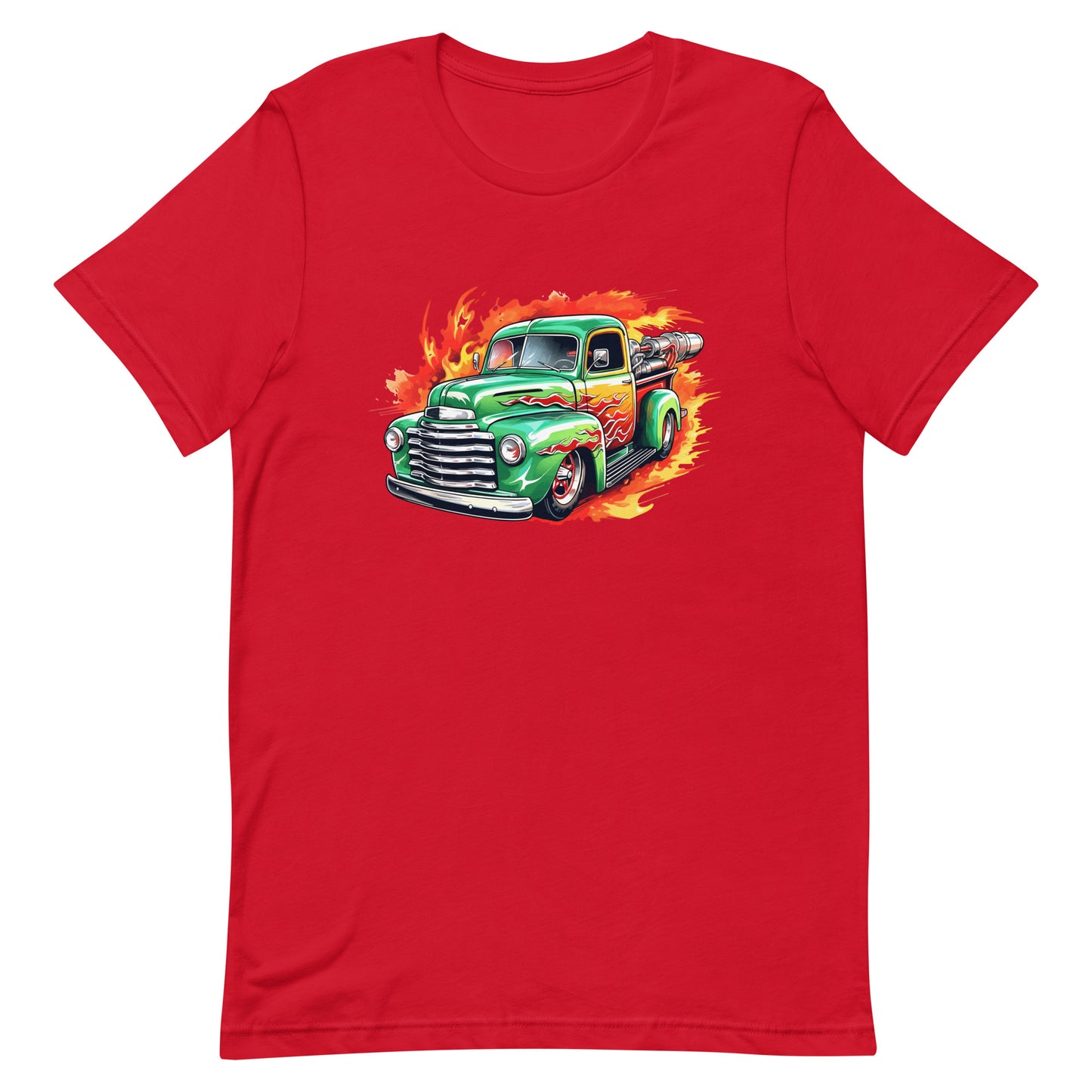 American classic pickup, Truck in fire, Rocket car in flame, Fiery road, Hot rod, Speed and fire - Unisex t-shirt