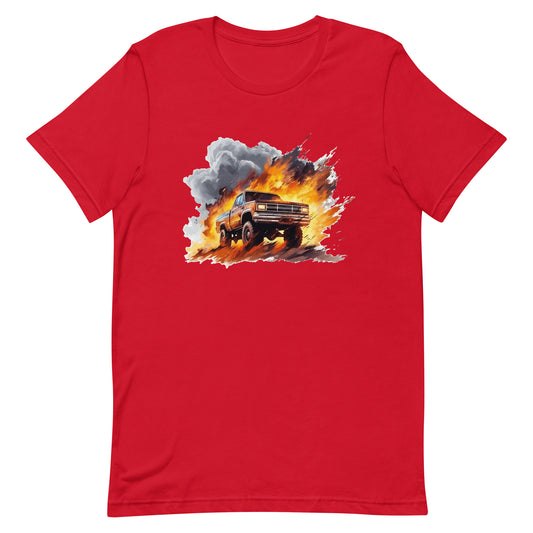 Explosive wildlife, Offroad beast, SUV vehicle in fire and mud, Pickup truck predator on fire, Pop Art style illustration - Unisex t-shirt