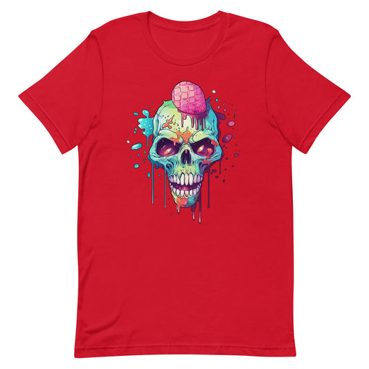 Cartoon skull zombie and crazy ice cream, Head bones and red eyes, Skull ice cream, Pop Art style illustration - Unisex t-shirt