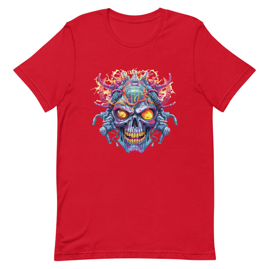Hellish skull, Neon electric colors, Electronic mind zombie, Yellow eyes, Cyberpunk illustration - Unisex t-shirt