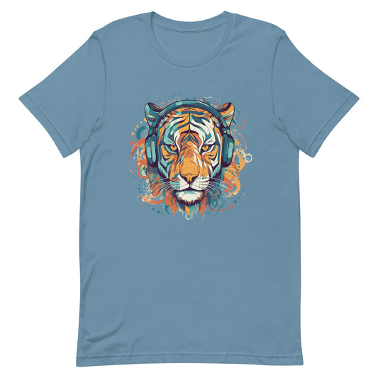 Fantastic portrait of tiger, Tiger colorful illustration in headphones, Music and animals - Unisex t-shirt