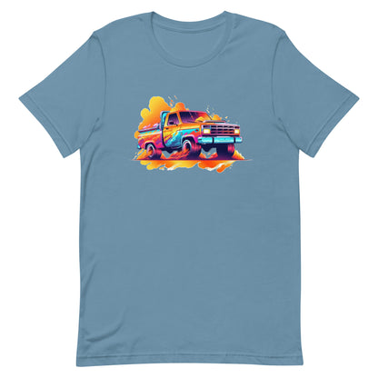 Classic pickup in yellow-red and blue colors, Vintage truck from the 80s, Colorful graphics, Pop Art, Neonpunk and retrowave style - Unisex t-shirt
