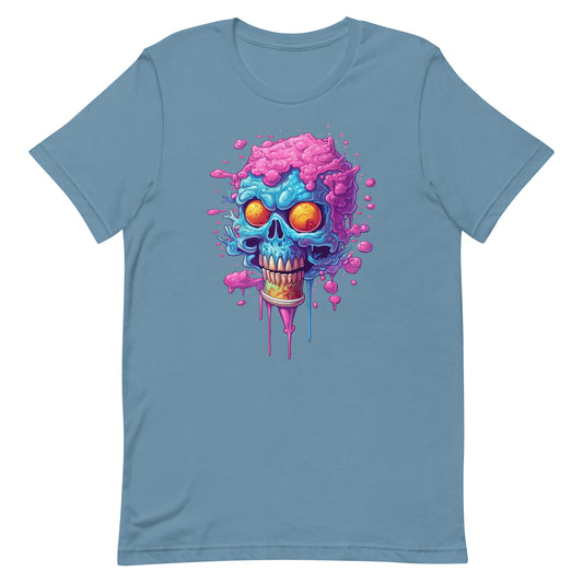 Ice cream cartoon skull, Yellow candy eyes, Purple and blue head bones, Pop art style illustration, Crazy hair and dripping ice cream - Unisex t-shirt