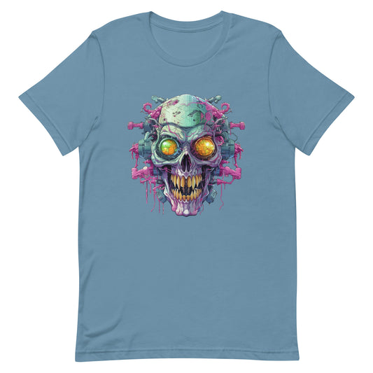 Electronic smile zombie, Yellow eyes, Hellish skull, Neon electric colors, Cyberpunk Pop Art illustration - Unisex t-shirt
