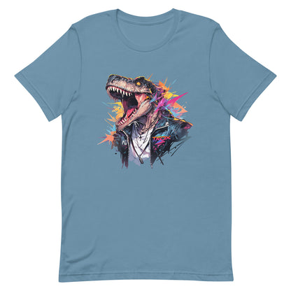 Dino and sharp teeth of hard rock, Dinosaur in leather jacket, Most music reptile in jungle, Dragon solo roar - Unisex t-shirt