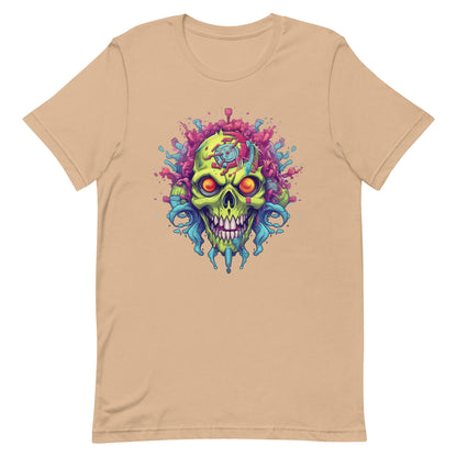 2d game art, Hellish skull, Electronic zombie, Colorful splashes, Cyberpunk futurism, Graffiti style illustration, Neon electric colors - Unisex t-shirt