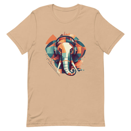 Elephant illustration in headphones, Fantastic portrait of elephant, Cubism style, Music and animals - Unisex t-shirt