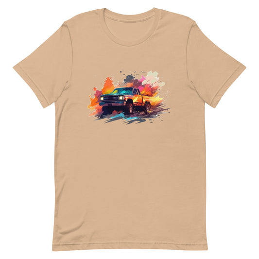 Cool SUV in fire, Explosive wildlife, Offroad madness and speed, Pickup in flames and mud, Pop Art illustration - Unisex t-shirt