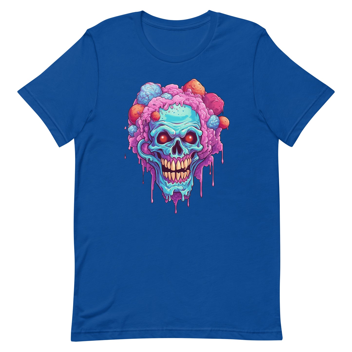 Skull head that has a purple and blue candy, Ice cream skull and red eyes, Creepy clown, Cartoon skull with crazy hair and dripping cola - Unisex t-shirt